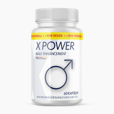 Weiße Kunststoffdose mit Schrift X Power Male Enhancement, 60 Kapseln und Symbol mit Pfeil
